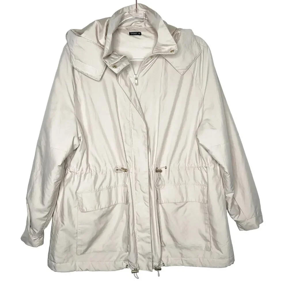OYSHO Parka Hooded Jacket Water-Repellent Front-Zip Relaxed Fit Beige Size Small